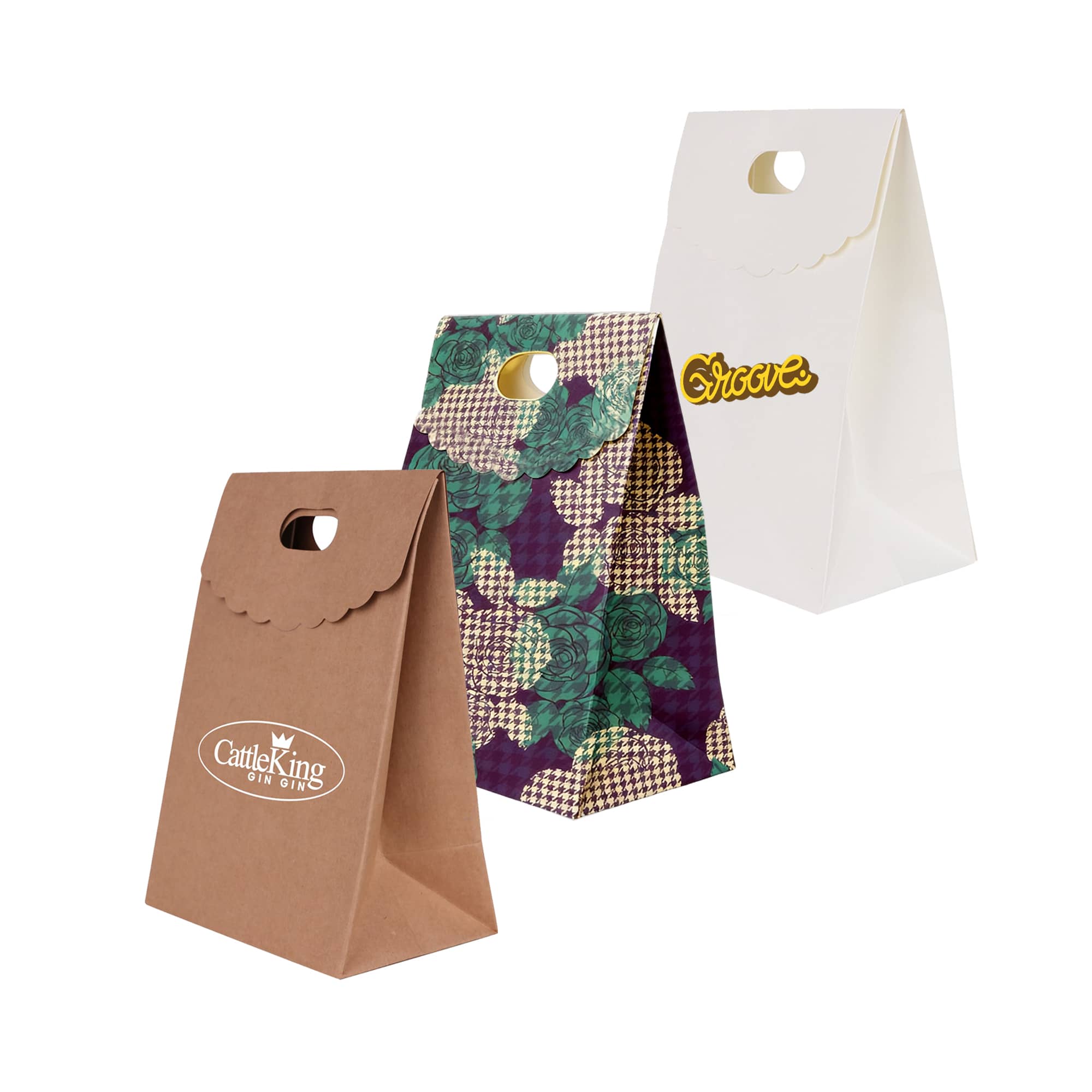 Die cut Handle Bag with Flap(150x220x100mm+80mm flap)