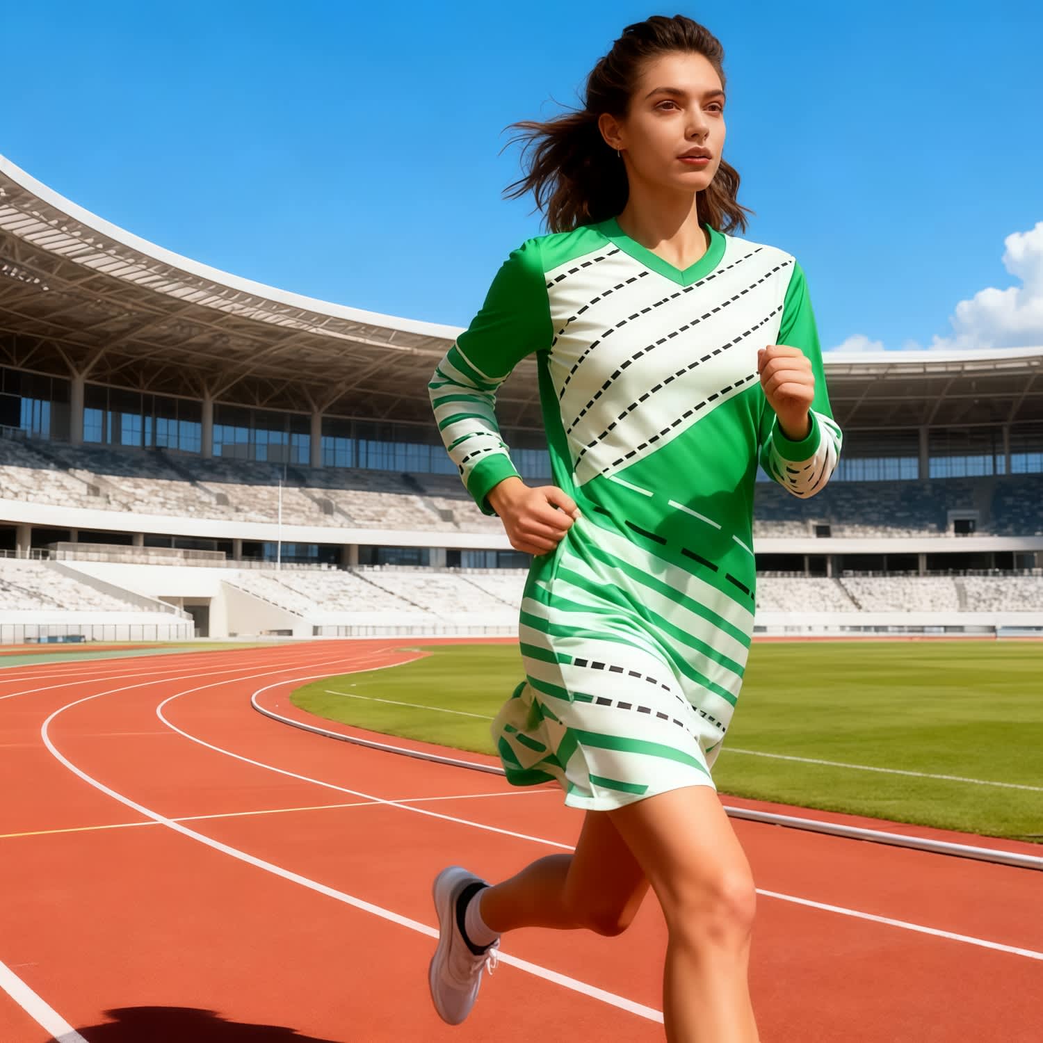 100% Polyester Micro Mesh Long- Sleeve V-Neck A-Line Sport Dress