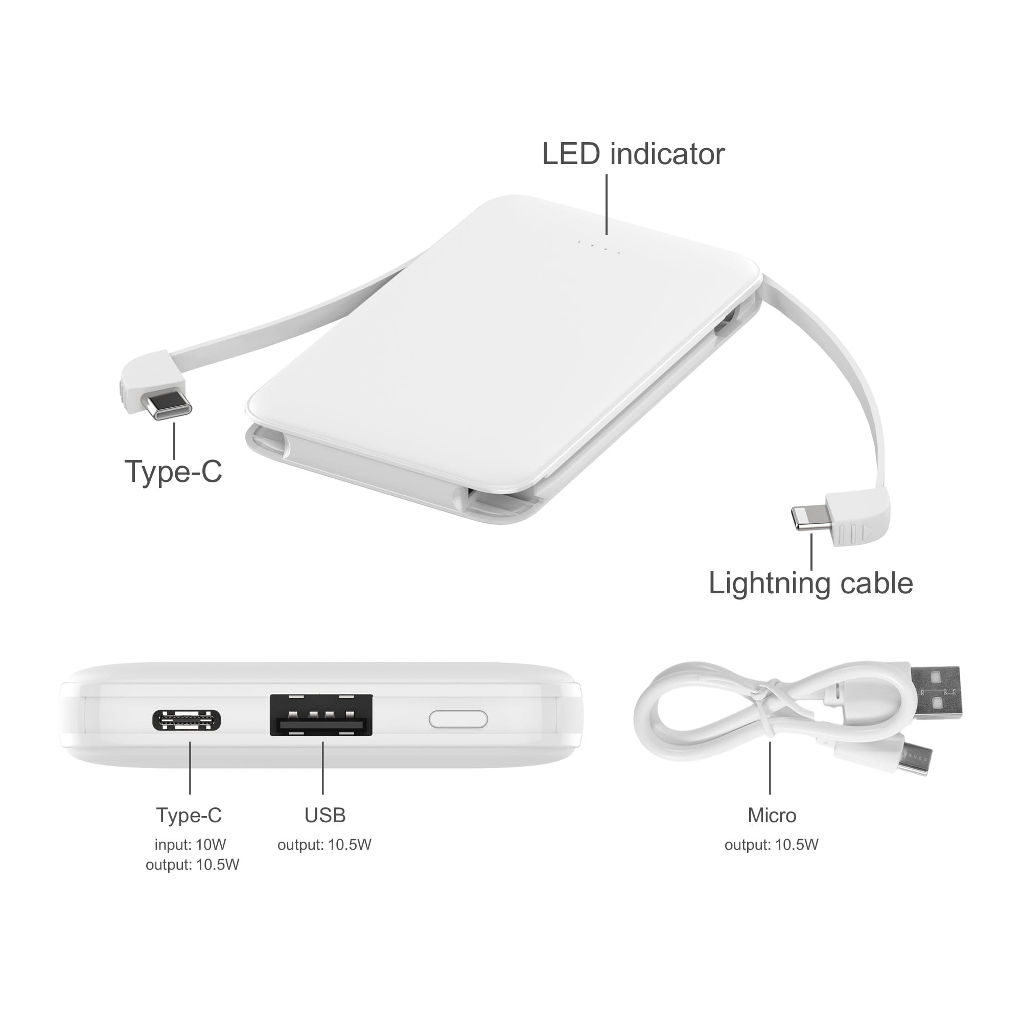 5000mAh Slim Power Bank with Charging Cable
