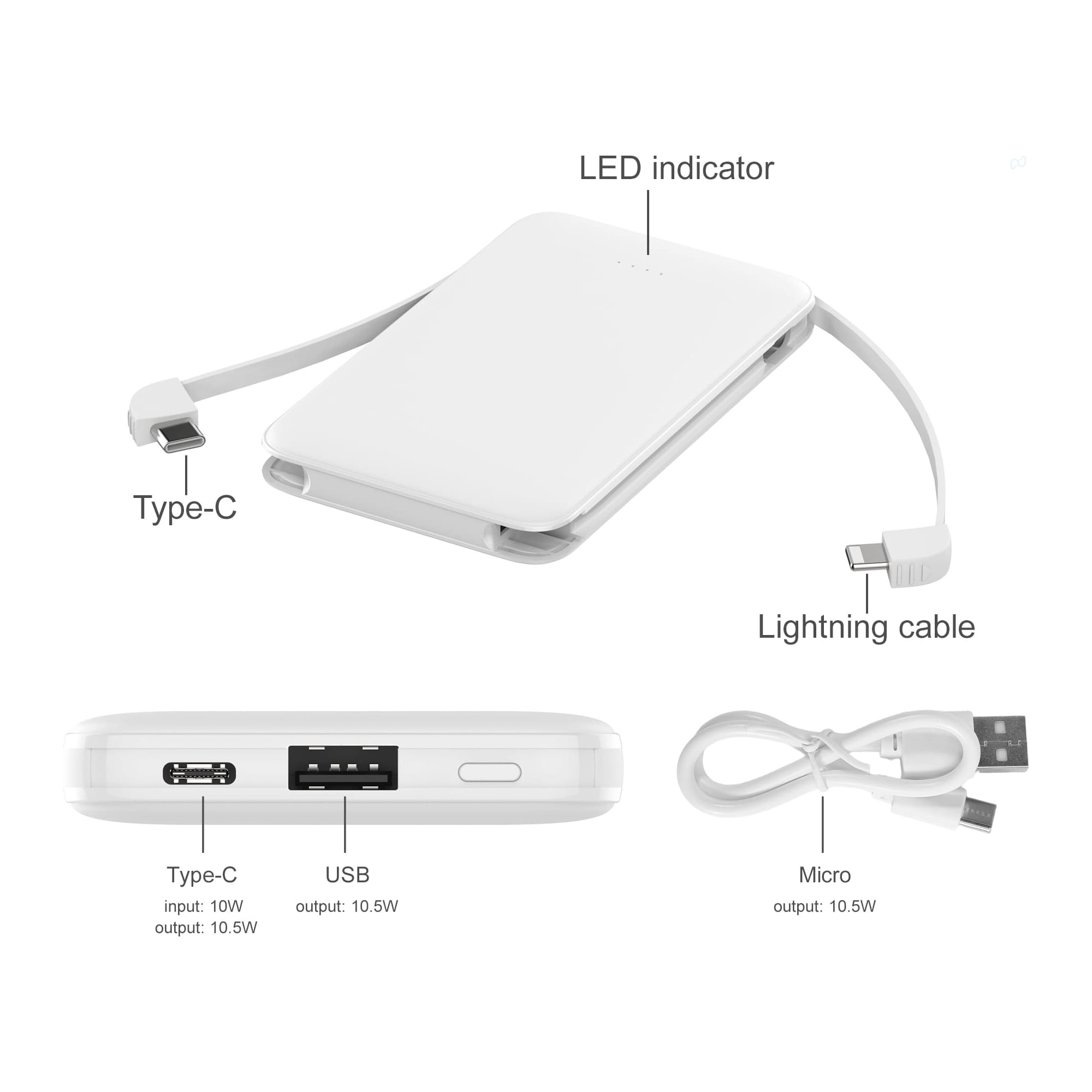 10000mAh Slim Power Bank with Charging Cable
