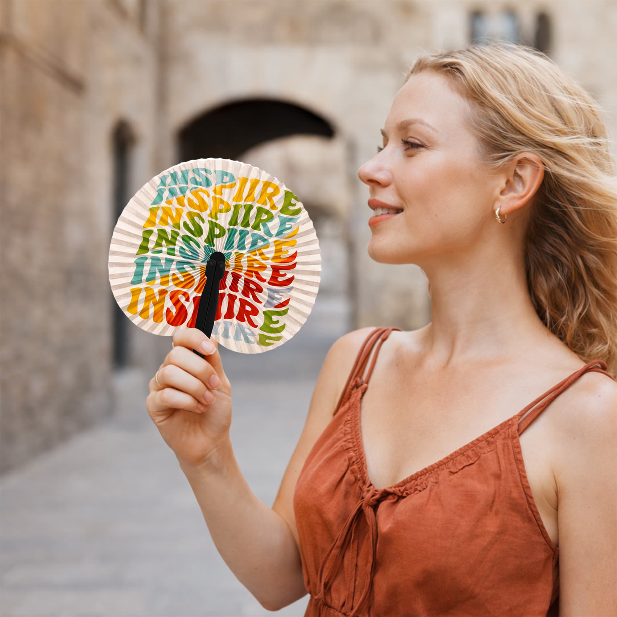 Peach Shape Plastic Handle Paper Fan