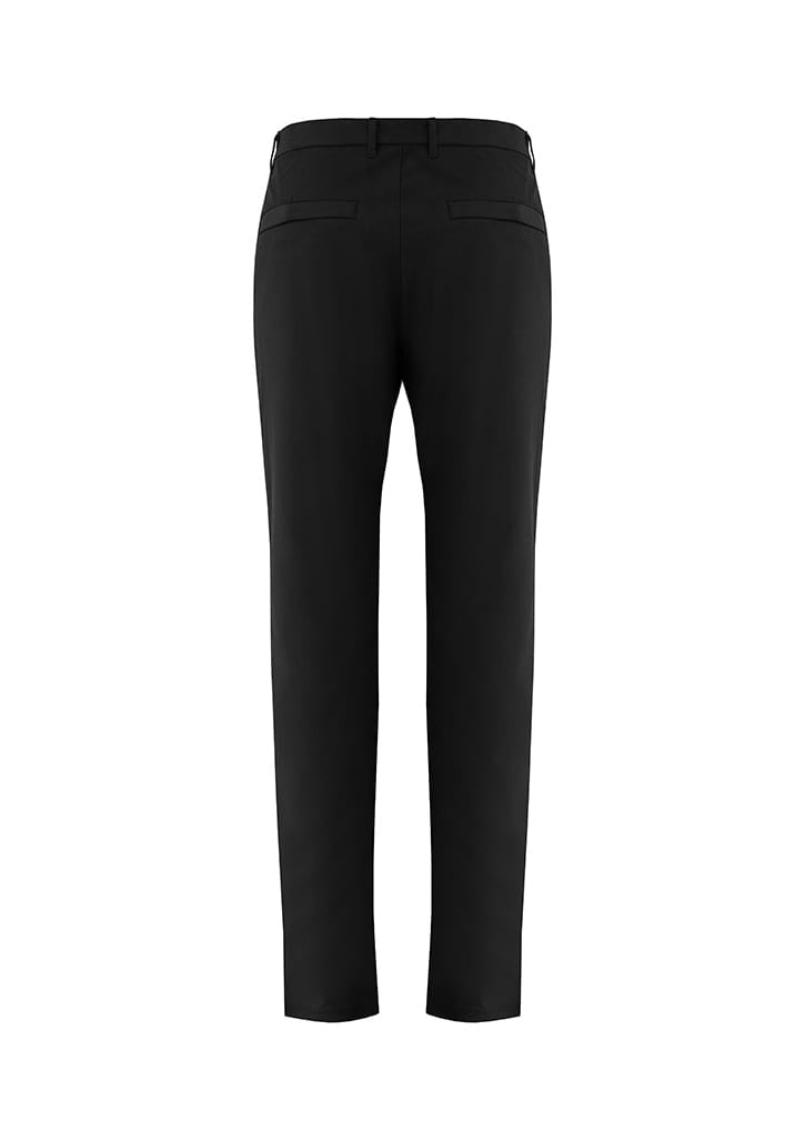 A pair of black men's slacks with a straight leg design and a logo on the waistband.