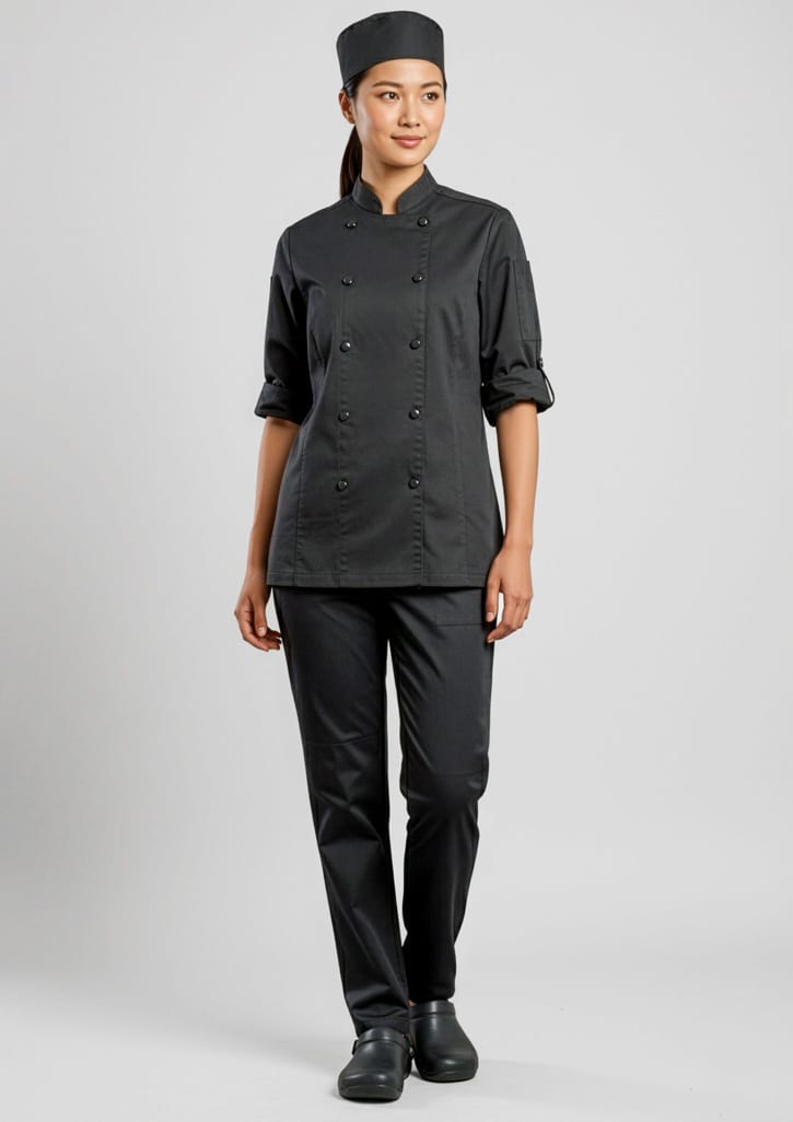 A woman wears a black chef's uniform, including a chef coat and flex pants, paired with a matching hat and footwear.