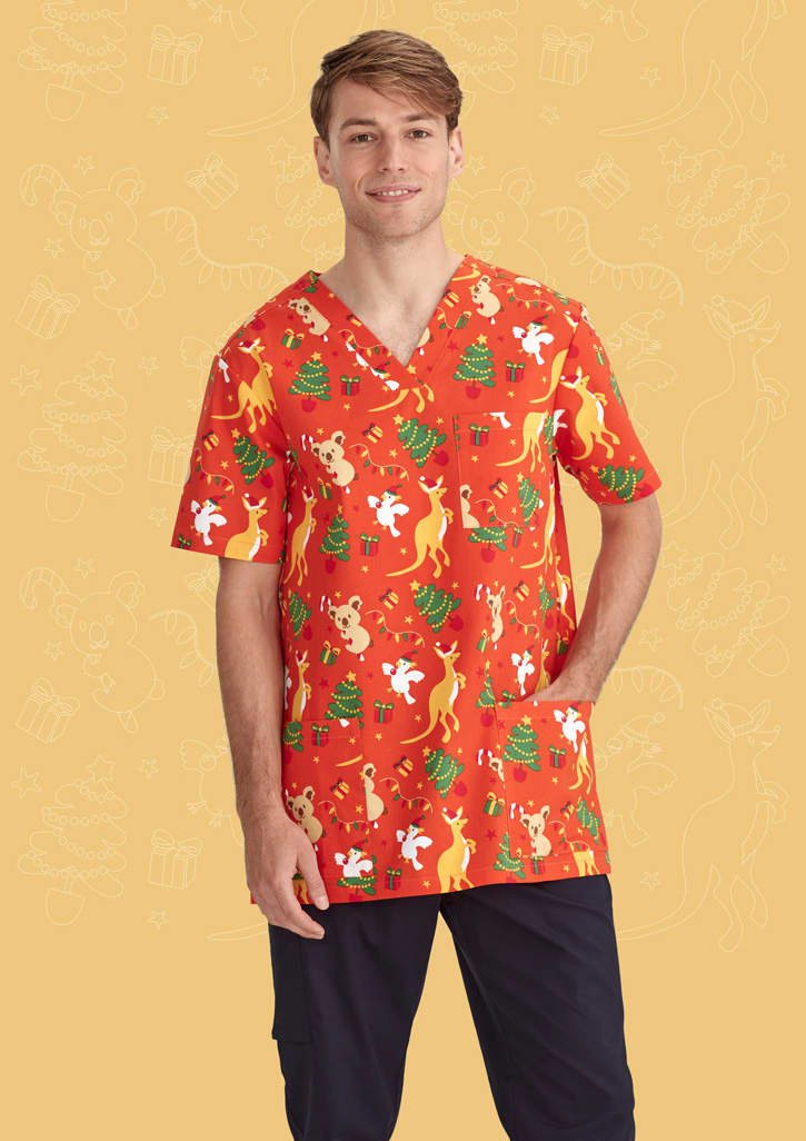 Mens Christmas V-Neck Short Sleeve Scrub Top