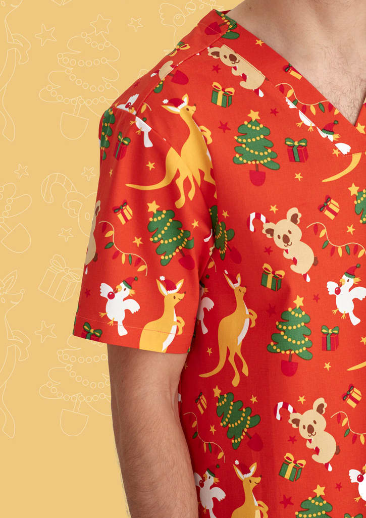 Mens Christmas V-Neck Short Sleeve Scrub Top