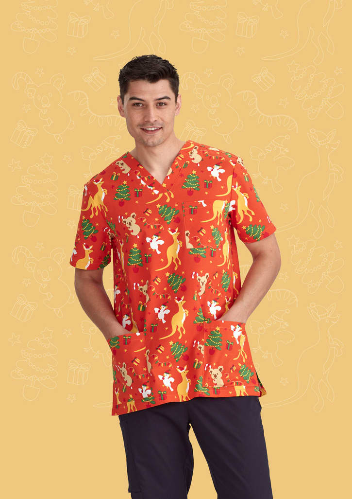 Mens Christmas V-Neck Short Sleeve Scrub Top