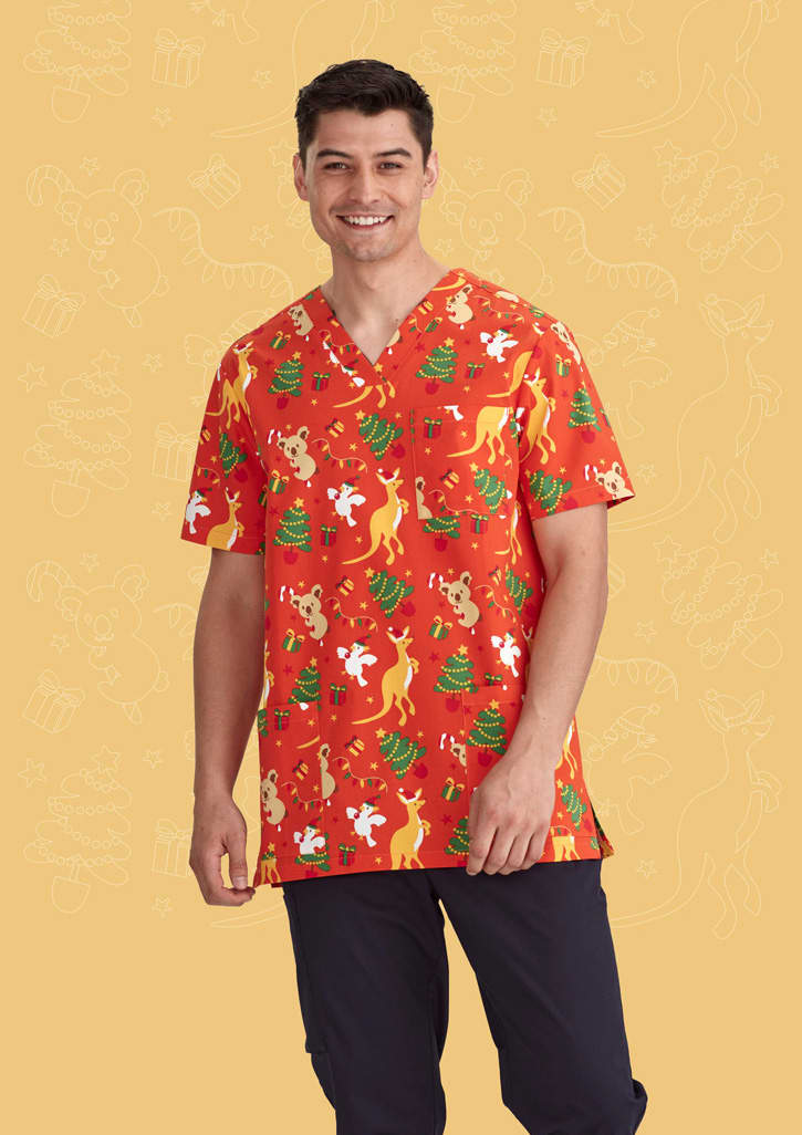 Mens Christmas V-Neck Short Sleeve Scrub Top