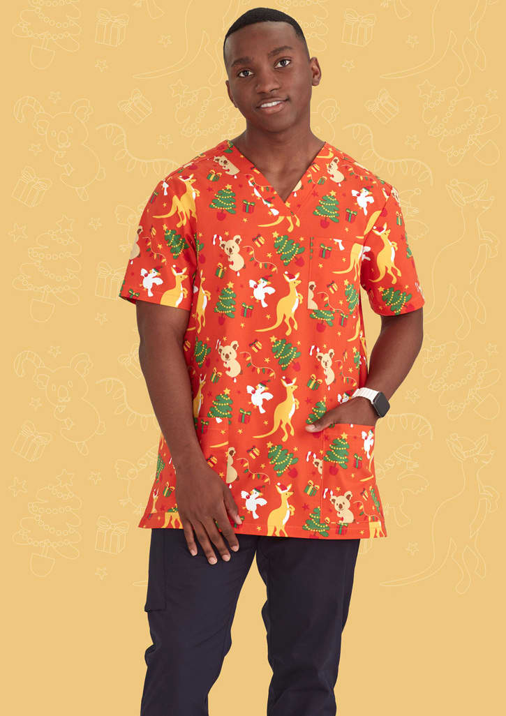 Mens Christmas V-Neck Short Sleeve Scrub Top