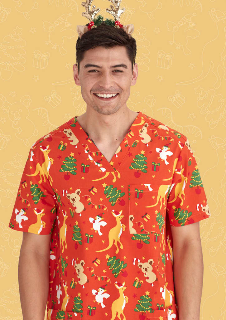 Mens Christmas V-Neck Short Sleeve Scrub Top