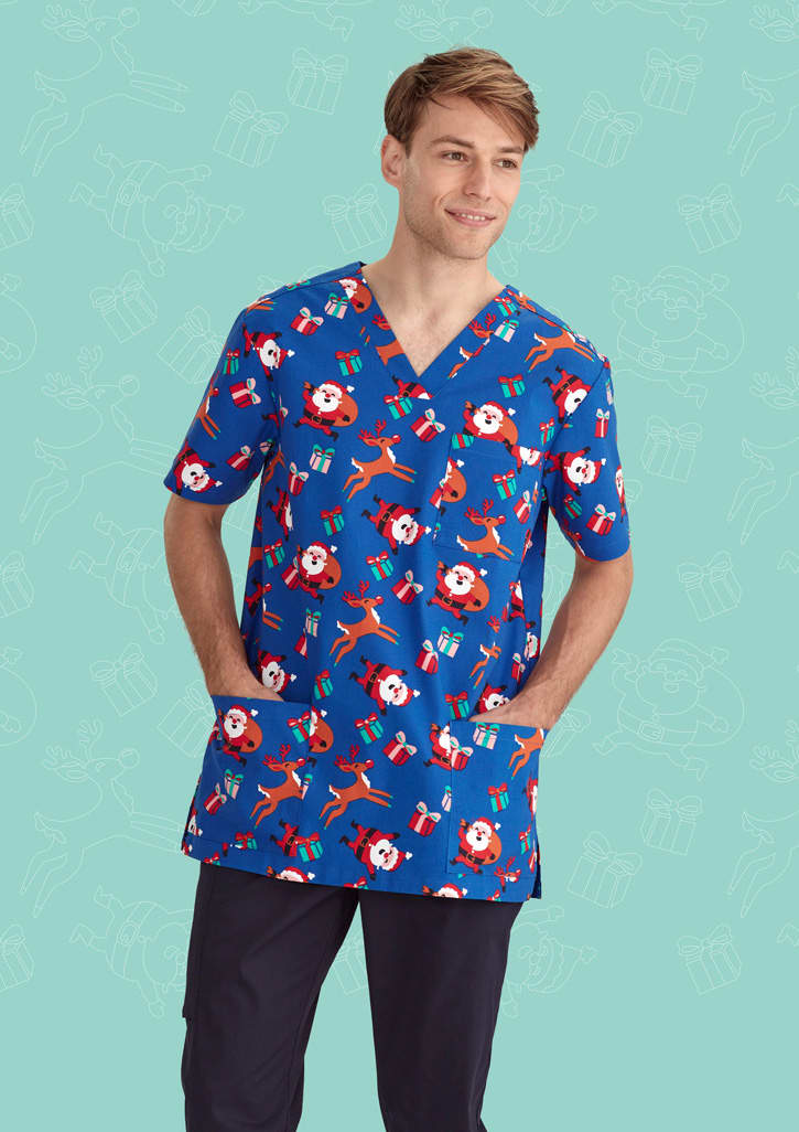 Mens Christmas V-Neck Short Sleeve Scrub Top