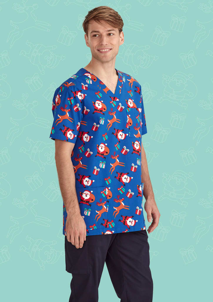 Mens Christmas V-Neck Short Sleeve Scrub Top