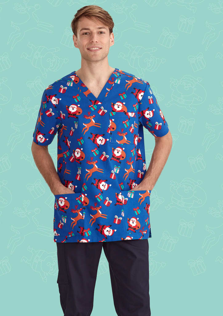 Mens Christmas V-Neck Short Sleeve Scrub Top