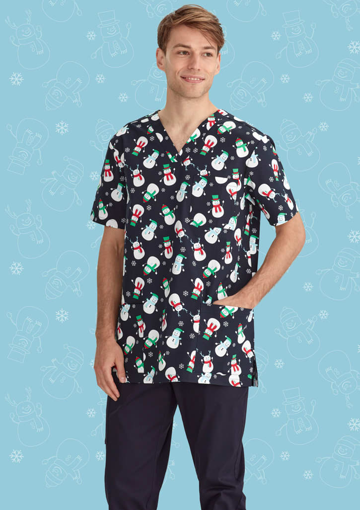 Mens Christmas V-Neck Short Sleeve Scrub Top