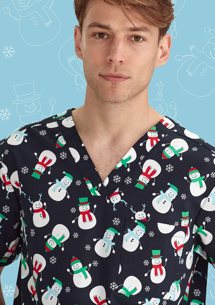 Mens Christmas V-Neck Short Sleeve Scrub Top