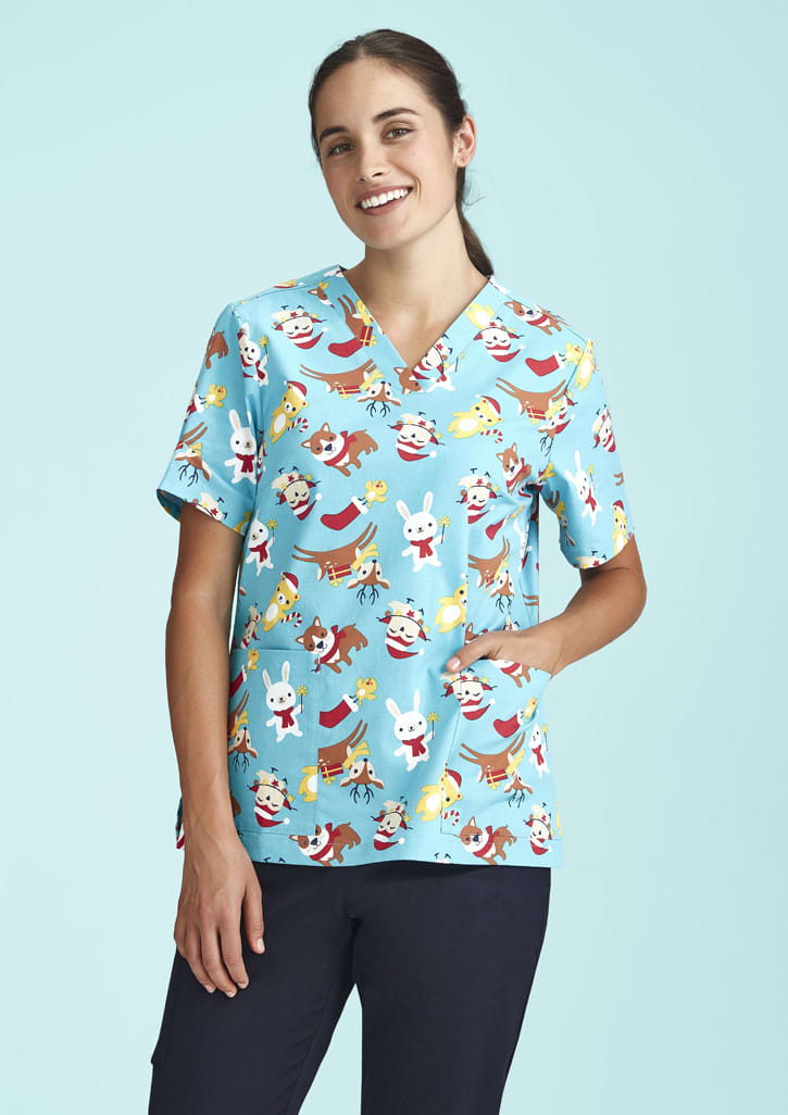 Womens Christmas Short Sleeve V-neck Scrub (Cotton)