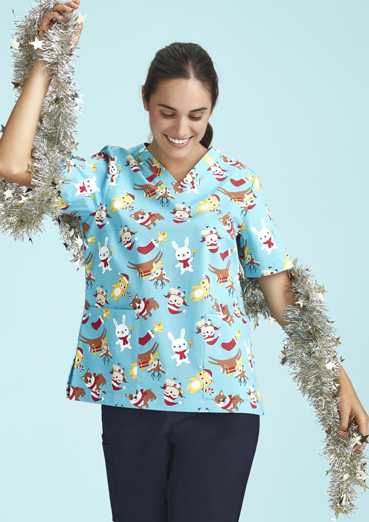 Womens Christmas Short Sleeve V-neck Scrub (Cotton)