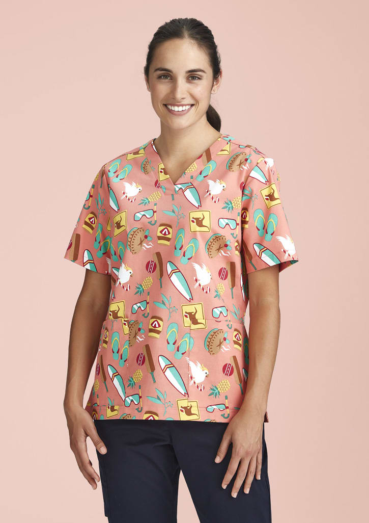 Womens Christmas Short Sleeve V-neck Scrub (Cotton)