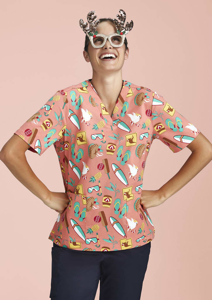 Womens Christmas Short Sleeve V-neck Scrub (Cotton)