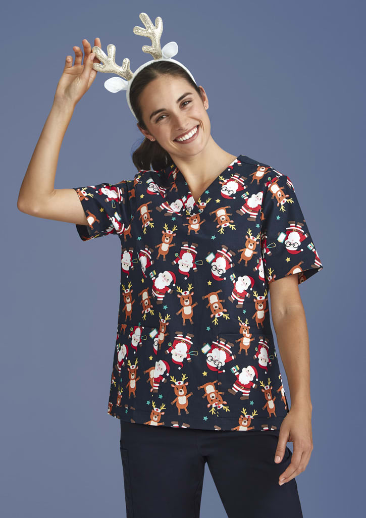 Womens Christmas Short Sleeve V-neck Scrub (Cotton)