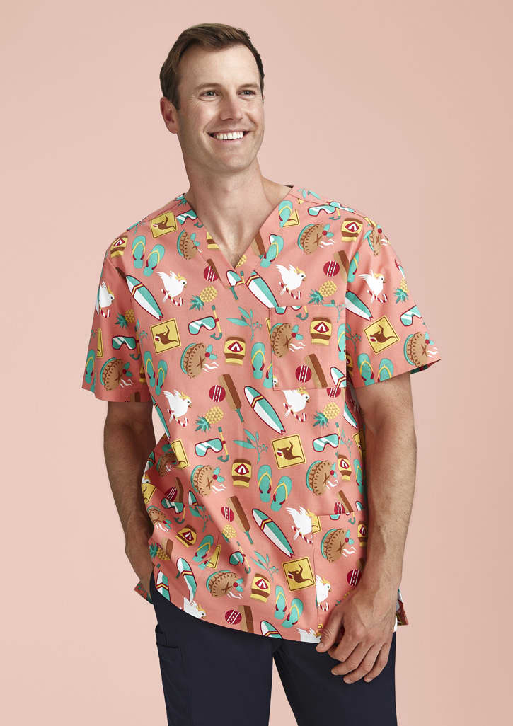 Mens Christmas Short Sleeve V-neck Scrub