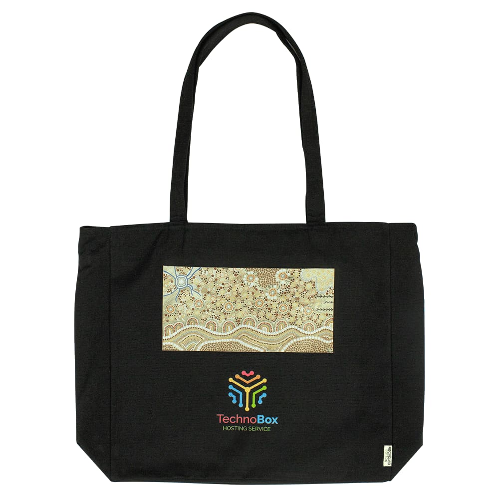 A black tote bag featuring a patterned design and a logo on the front. It has two sturdy handles.