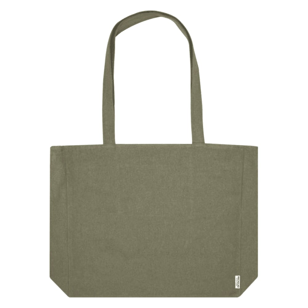 A green recycled zip tote bag with long handles and a brand logo on the side.