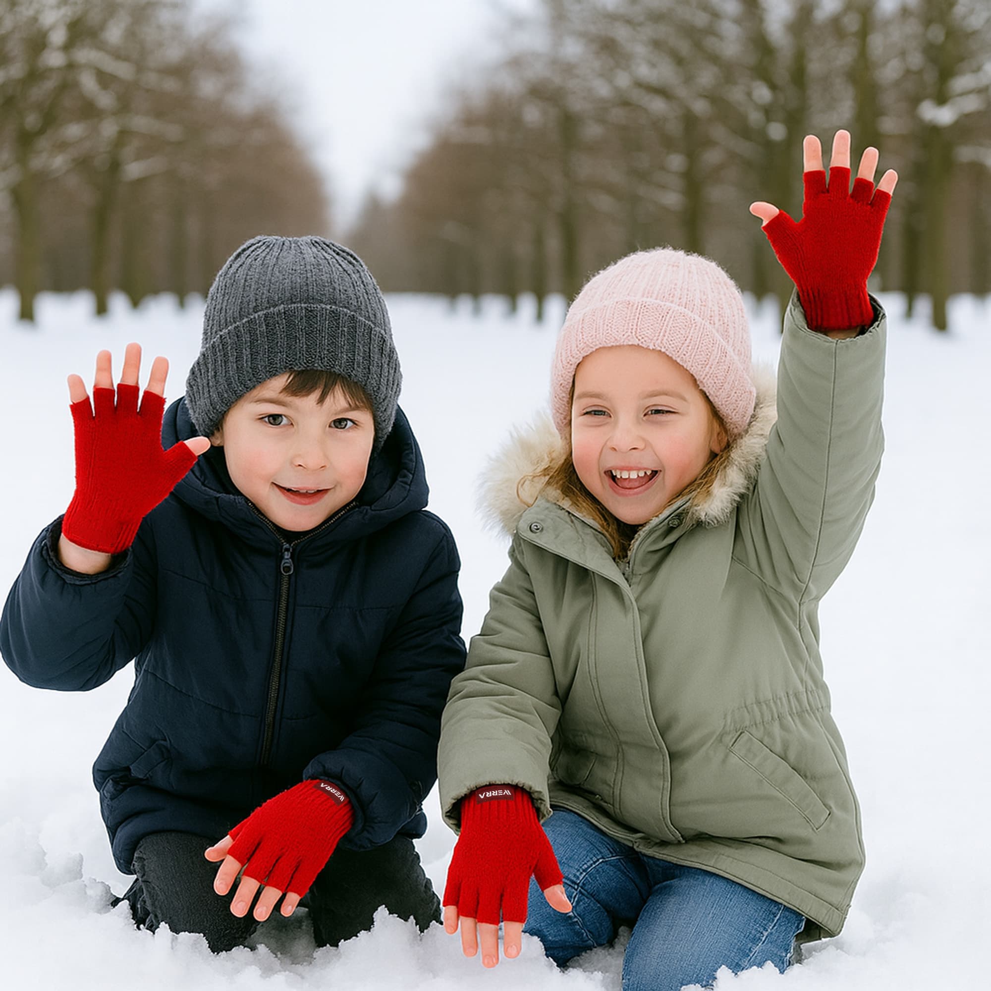 Kids Plain Knitted Fingerless Gloves with Woven Label
