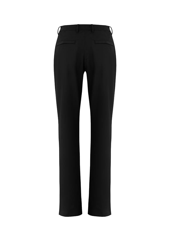 Black women's slacks with a straight-leg design and two back pockets, featuring a branding logo on the waistband.