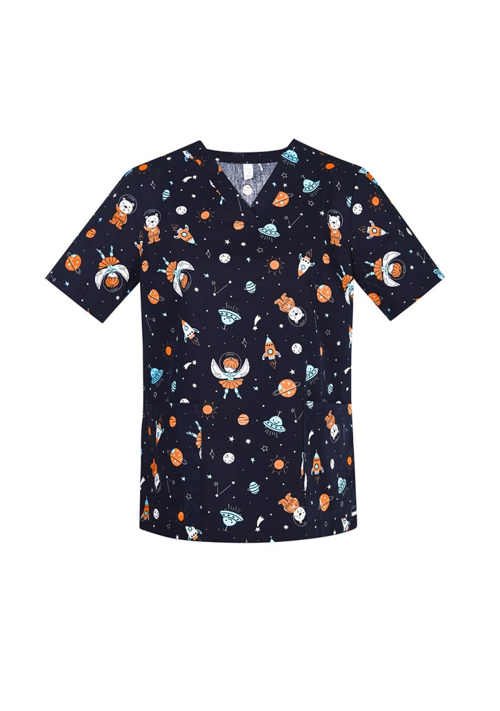 Womens Printed Space Party Scrub Top