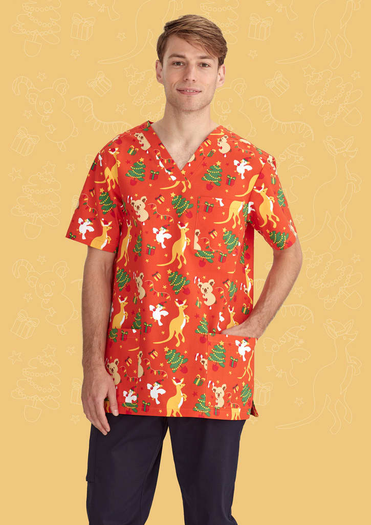 Mens Christmas V-Neck Short Sleeve Scrub Top