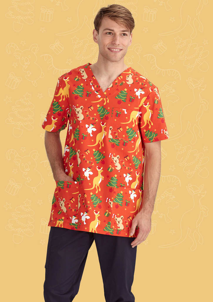 Mens Christmas V-Neck Short Sleeve Scrub Top