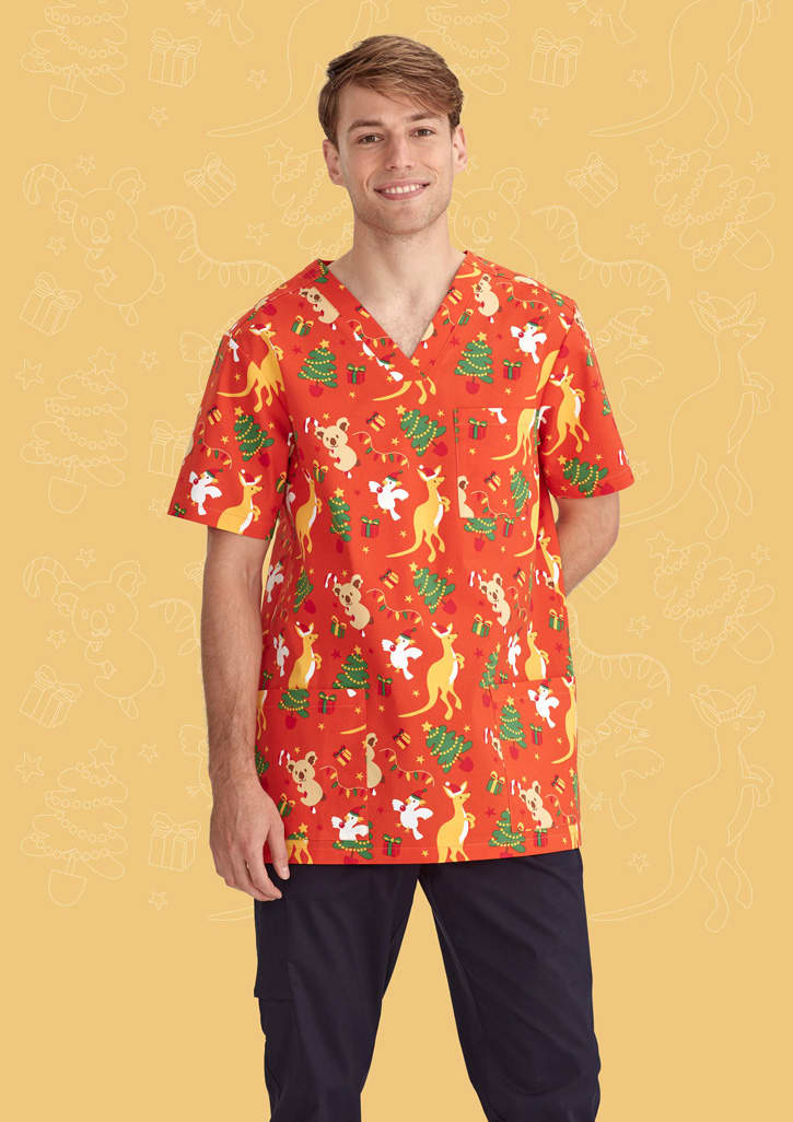 Mens Christmas V-Neck Short Sleeve Scrub Top