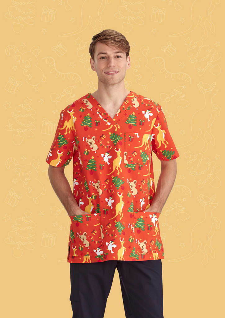 Mens Christmas V-Neck Short Sleeve Scrub Top