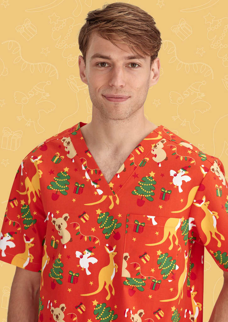 Mens Christmas V-Neck Short Sleeve Scrub Top