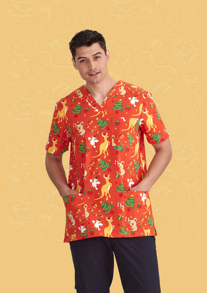 Mens Christmas V-Neck Short Sleeve Scrub Top