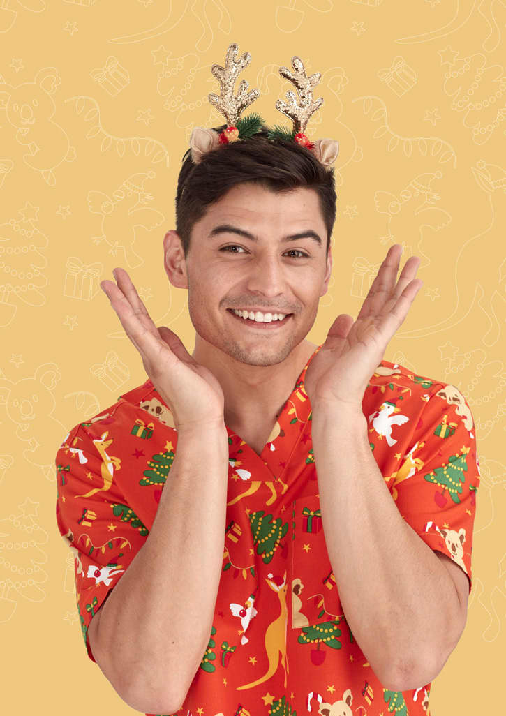 Mens Christmas V-Neck Short Sleeve Scrub Top
