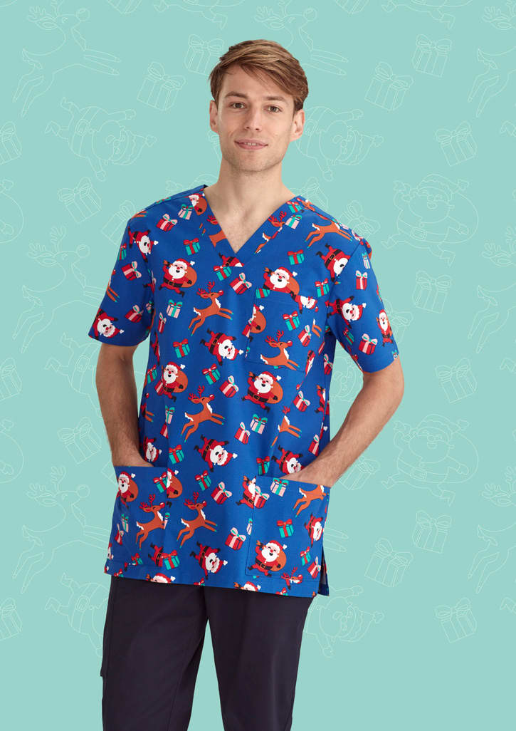 Mens Christmas V-Neck Short Sleeve Scrub Top
