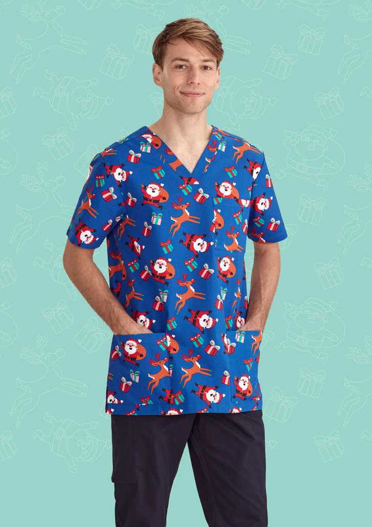 Mens Christmas V-Neck Short Sleeve Scrub Top