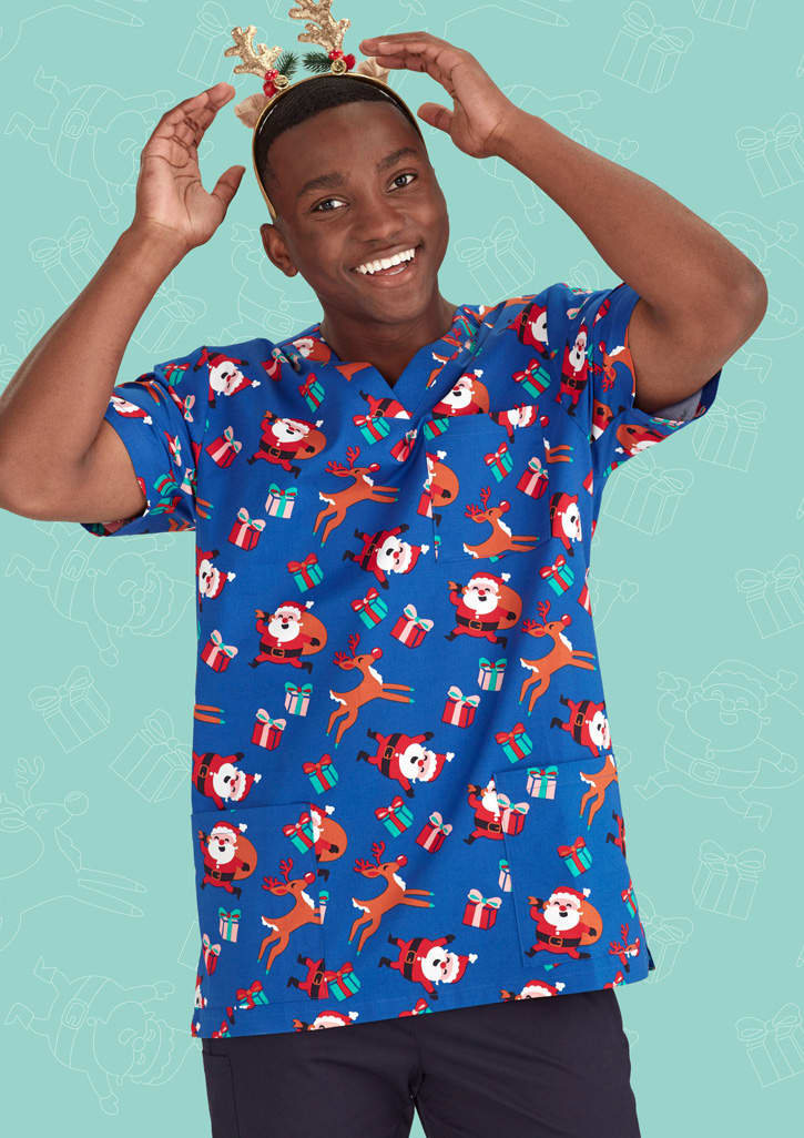 Mens Christmas V-Neck Short Sleeve Scrub Top
