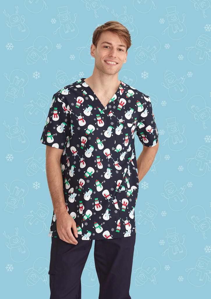 Mens Christmas V-Neck Short Sleeve Scrub Top