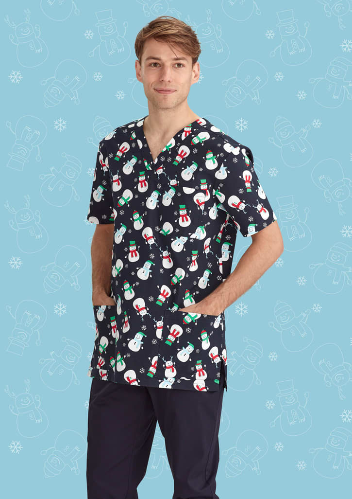 Mens Christmas V-Neck Short Sleeve Scrub Top