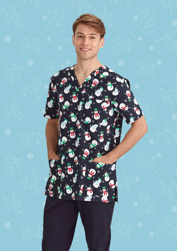 Mens Christmas V-Neck Short Sleeve Scrub Top