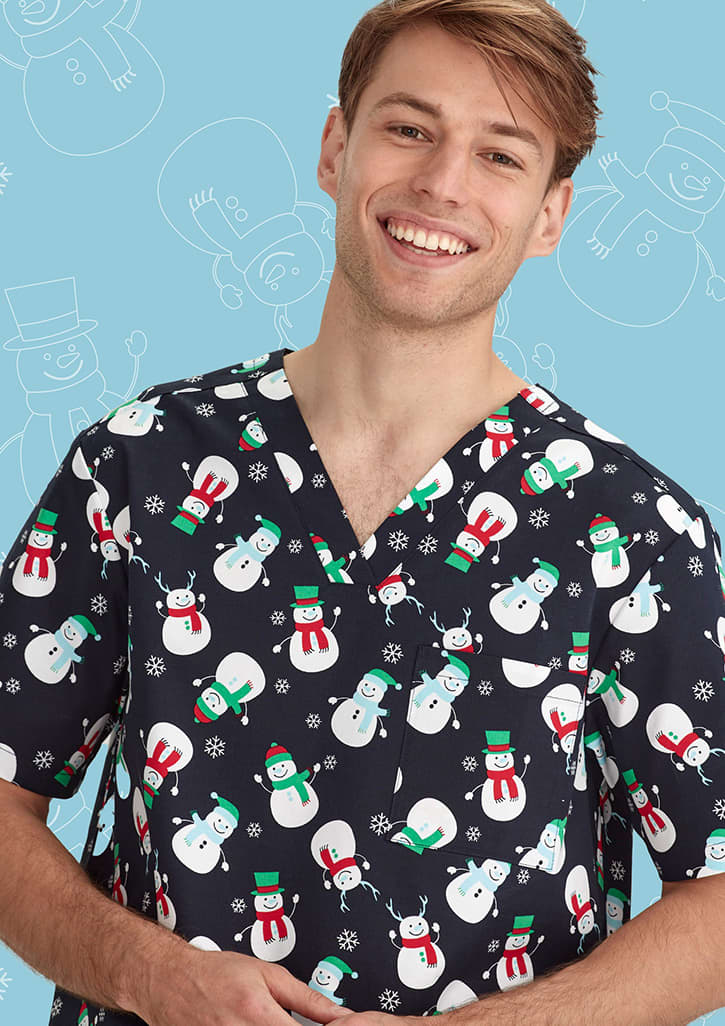Mens Christmas V-Neck Short Sleeve Scrub Top