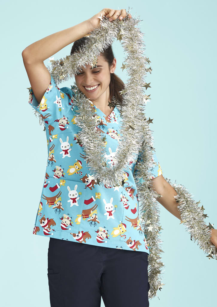 Womens Christmas Short Sleeve V-neck Scrub (Cotton)