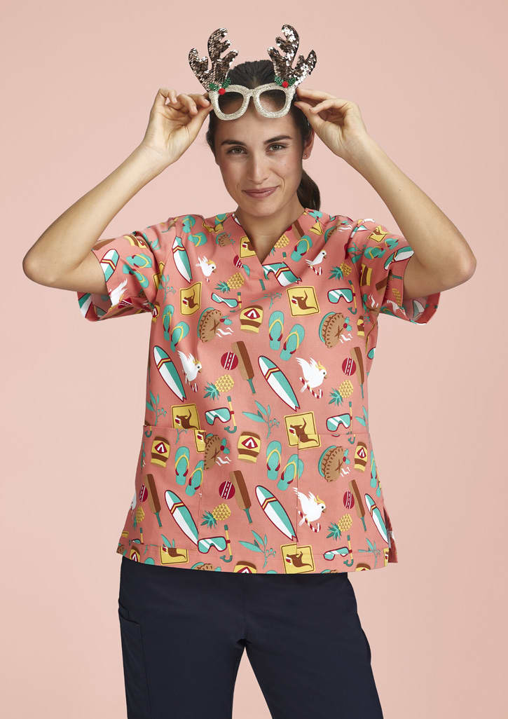 Womens Christmas Short Sleeve V-neck Scrub (Cotton)
