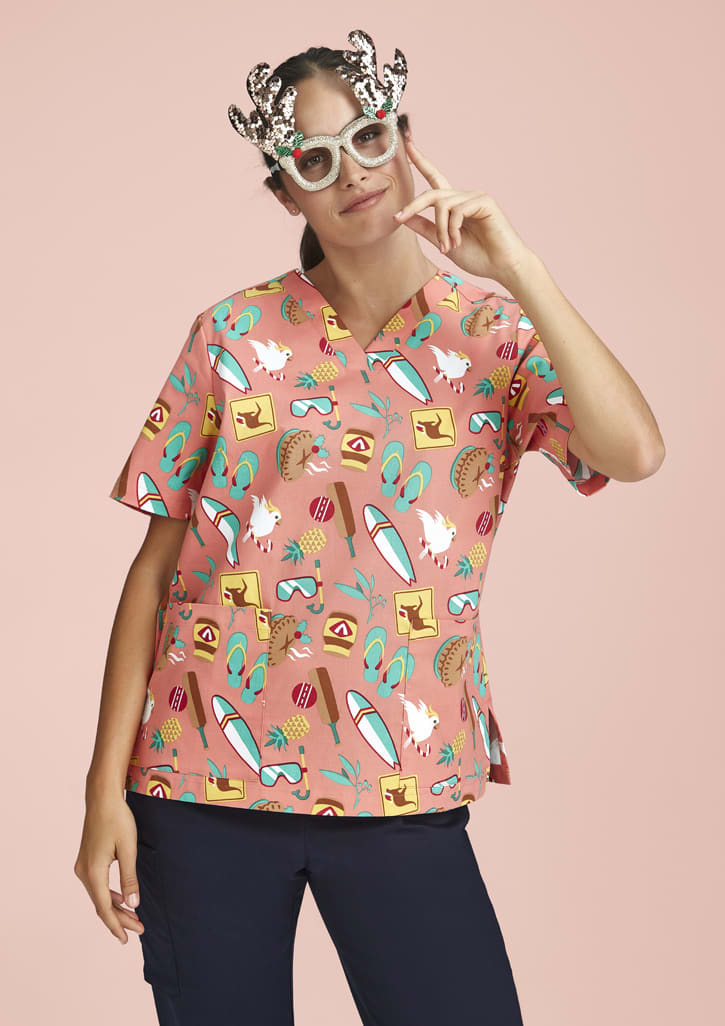 Womens Christmas Short Sleeve V-neck Scrub (Cotton)