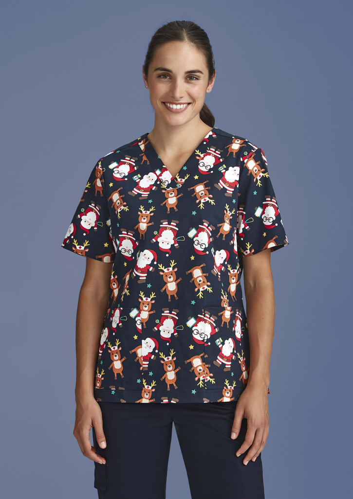 Womens Christmas Short Sleeve V-neck Scrub (Cotton)