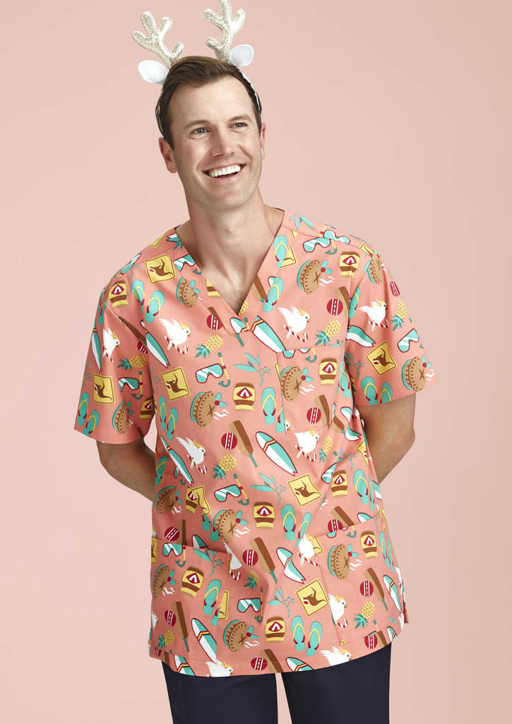 Mens Christmas Short Sleeve V-neck Scrub
