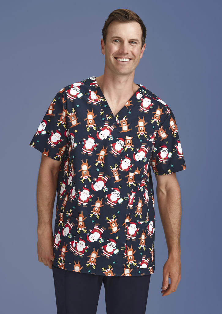 Mens Christmas Short Sleeve V-neck Scrub