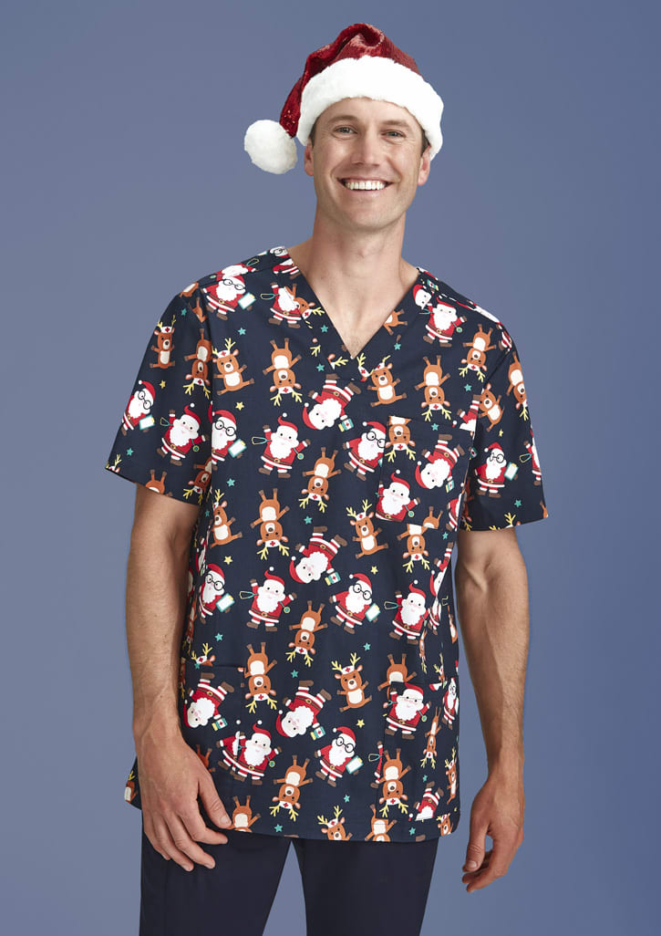 Mens Christmas Short Sleeve V-neck Scrub